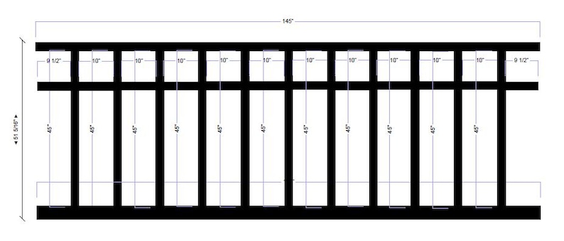 Op de afbeelding: Een zwart metalen rooster met een lengte van 144 inch en een breedte van 51 inch. Het rooster is verdeeld in 12 gelijke secties, elk 12 inch breed en 4,25 inch hoog.
