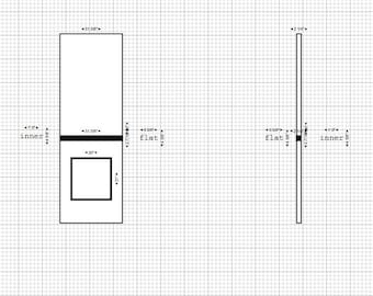 Op de afbeelding: Technische tekening van een rechthoekig object met afmetingen in inches. Het object heeft een grote rechthoekige behuizing, een kleinere rechthoekige uitsparing en een zwarte horizontale band. De zijaanzicht toont de dikte van het object.