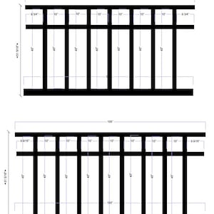 Op de afbeelding: Een zwart metalen hek met 9 verticale panelen en 2 horizontale rails. Het hek is 96 inch breed en 45 15/16 inch hoog. Het hek is ook 108 inch breed en 45 15/16 inch hoog.