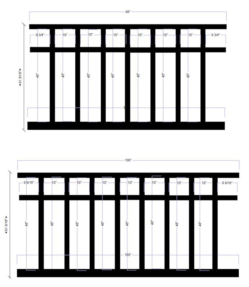 Op de afbeelding: Een zwart metalen hek met 9 verticale panelen en 2 horizontale rails. Het hek is 96 inch breed en 45 15/16 inch hoog. Het hek is ook 108 inch breed en 45 15/16 inch hoog.