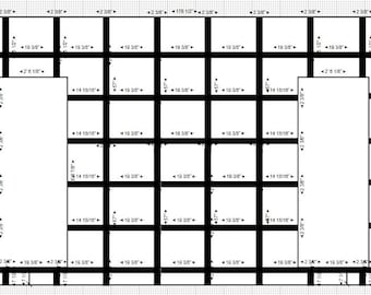 Op de afbeelding: Zwart-wit diagram van een plattegrond met afmetingen in inches. De plattegrond toont een rechthoekig gebouw met twee grote rechthoekige kamers en meerdere kleinere kamers.