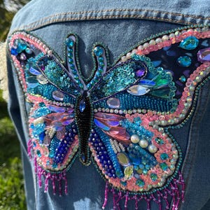 Unique and Exclusive Denim Jacket, whith emboidered crystal and sequin Butterfly - Jean Jacket with art