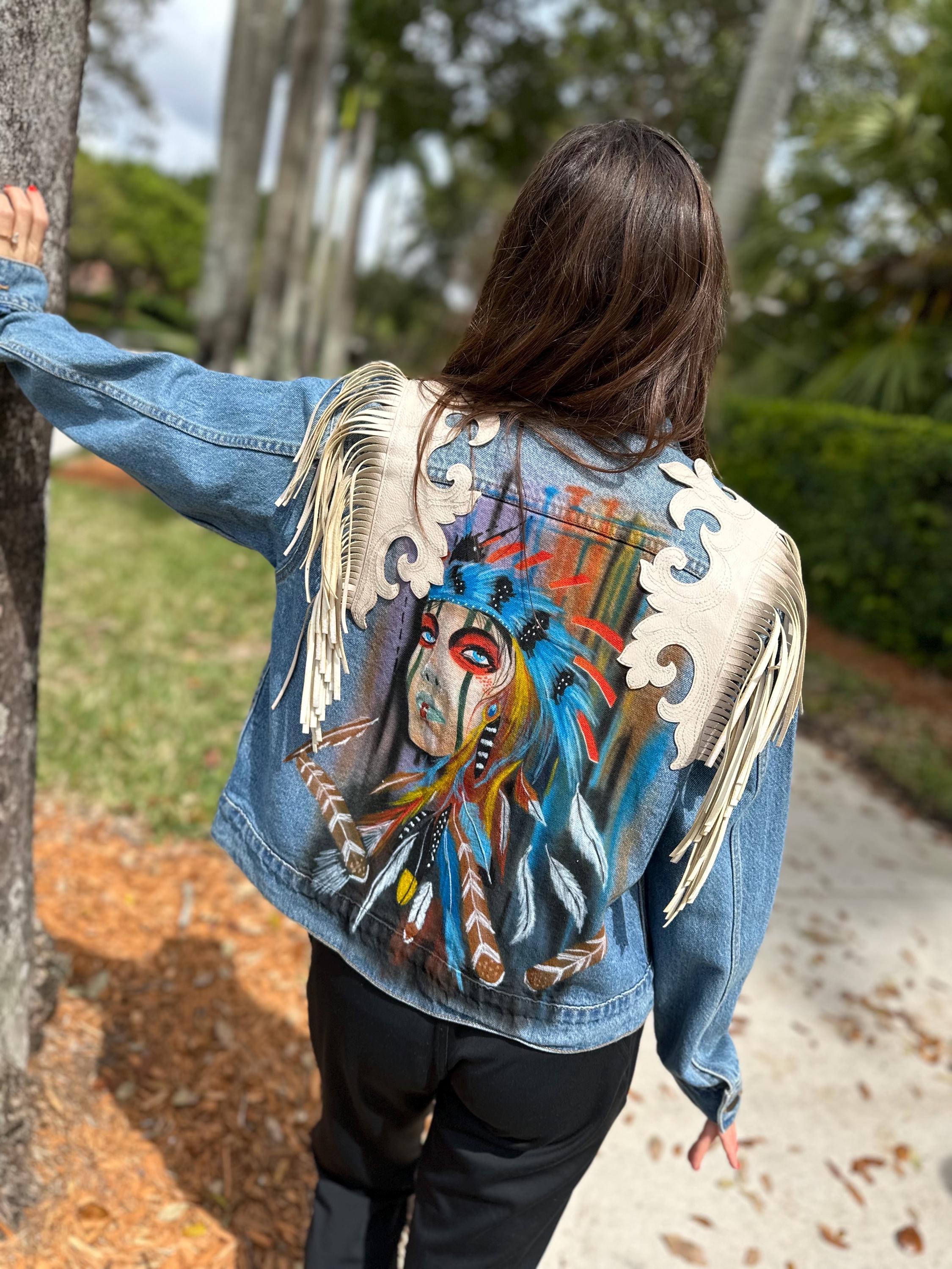 Unique and Exclusive Denim Jacket, Hand Painted Native American 
