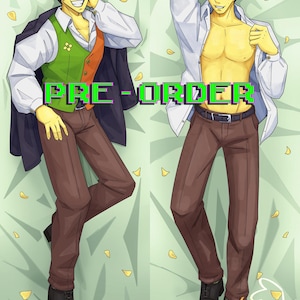 May include: A body pillow cover featuring a digital illustration of a yellow-skinned character with spiky yellow hair. The character is shown in two poses wearing brown trousers, a white shirt, and a green and orange vest, with the text PRE-ORDER.