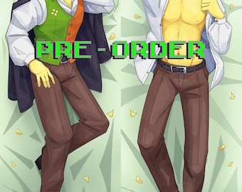 May include: A body pillow cover featuring a digital illustration of a yellow-skinned character with spiky yellow hair. The character is shown in two poses wearing brown trousers, a white shirt, and a green and orange vest, with the text PRE-ORDER.