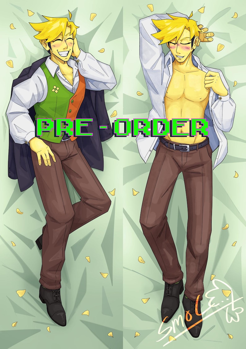 May include: A body pillow cover featuring a digital illustration of a yellow-skinned character with spiky yellow hair. The character is shown in two poses wearing brown trousers, a white shirt, and a green and orange vest, with the text PRE-ORDER.