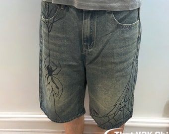 Y2k Unisex Washed Denim Spider Print Loose Jean Shorts - Vintage Streetwear, Summer Streetwear, Jorts, Trendy Streetwear, Summer Shorts