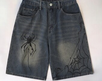 Unisex Y2k Loose Washed Denim Spider Graphic Jean Shorts  - Vintage Retro Trendy Summer Streetwear