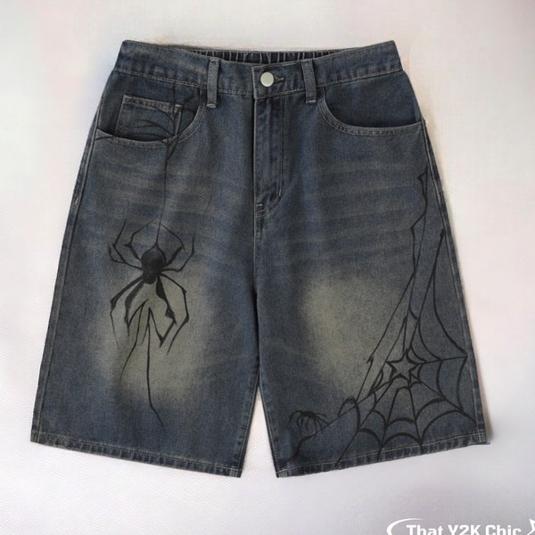 Unisex Y2k Loose Washed Denim Spider Graphic Jean Shorts  - Vintage Retro Trendy Summer Streetwear