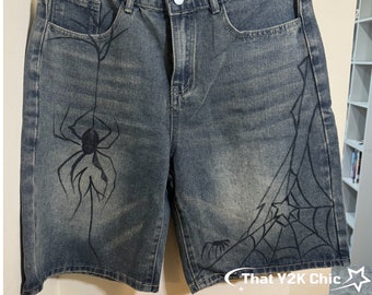 Y2k Unisex Washed Denim Spider Print Loose Jean Shorts - Vintage Streetwear, Summer Streetwear, Jorts, Trendy Streetwear, Summer Shorts