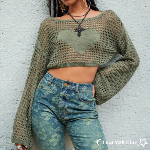 Womens Green Y2k Knitted Hollow Out Heart Cropped Pullover Jumper - Vintage Grunge Gothic Punk Streetwear - Womens Clothing