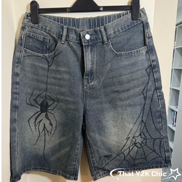 Y2k Unisex Washed Denim Spider Print Loose Jean Shorts - Vintage Streetwear, Summer Streetwear, Jorts, Trendy Streetwear, Summer Shorts