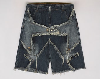 Short en jean unisexe ample en denim effet vieilli brodé d'étoiles de l'an 2000 - vintage rétro tendance été streetwear