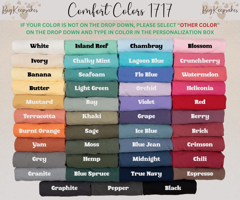 May include: A color chart displays a variety of Comfort Colors 1717 t-shirt hues. The image showcases a spectrum of shades, including white, blue, pink, yellow, and green. Text at the top reads "Comfort Colors 1717" and provides instructions for color selection.