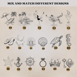May include: A collection of black and white illustrations with numbers, including beach scenes, cocktail glasses, seashells, and nautical elements. The text "MIX AND MATCH DIFFERENT DESIGNS" is at the top. The illustrations are numbered from 30 to 46.