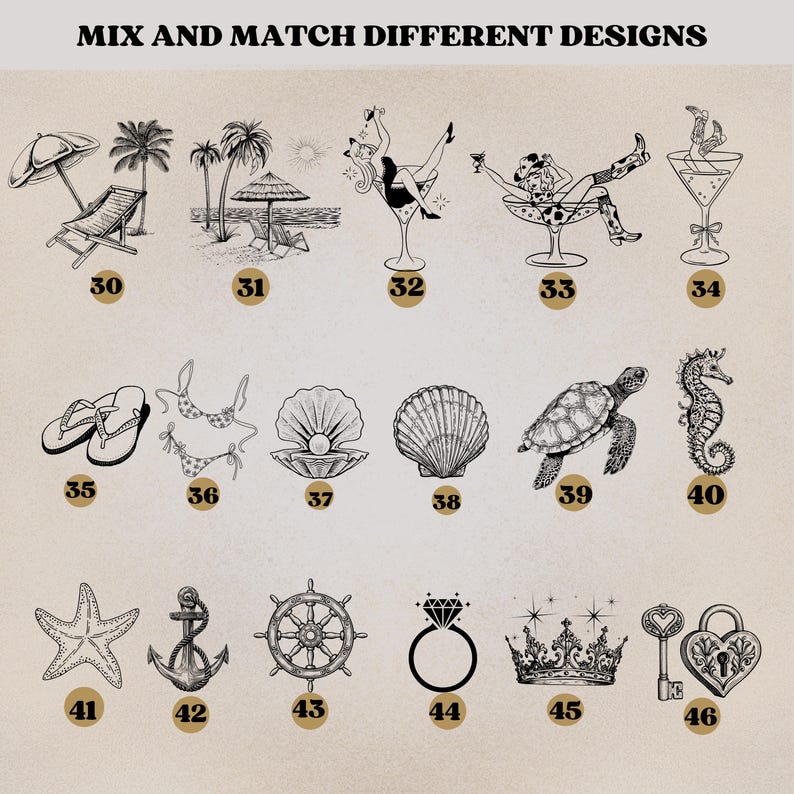 May include: A collection of black and white illustrations with numbers, including beach scenes, cocktail glasses, seashells, and nautical elements. The text "MIX AND MATCH DIFFERENT DESIGNS" is at the top. The illustrations are numbered from 30 to 46.