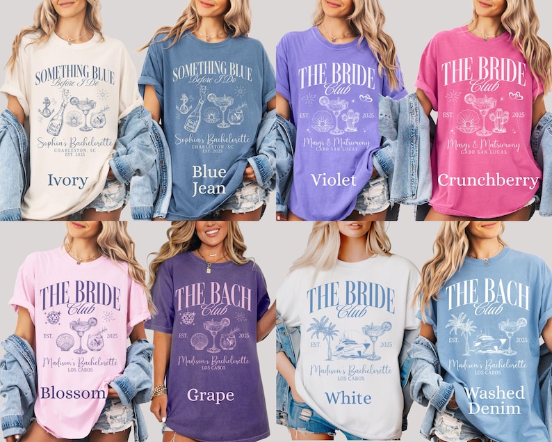 May include: A collection of eight colorful t-shirts. Each shirt features a unique design with text and graphics related to bachelorette parties. Colors include ivory, blue jean, violet, crunchberry, blossom, grape, white, and washed denim.