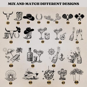 May include: A collection of black and white illustrations with numbers, including a bull skull, cowboy boots, a sombrero, margarita glasses, tennis rackets, a yacht, and a disco ball. The text "MIX AND MATCH DIFFERENT DESIGNS" is at the top.