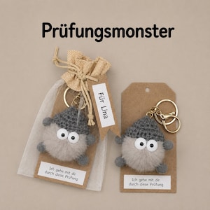 Könnte beinhalten: Zwei graue Plüschmonster-Schlüsselanhänger mit großen weißen Augen und dunkelgrauen Häkelmützen. Einer steckt in einem Jutebeutel mit Anhänger Für Lina, beide haben Etiketten mit der Aufschrift Ich gehe mit dir durch diese Prüfung. Text Prüfungsmonster.