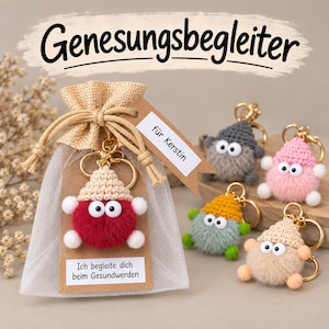 Könnte beinhalten: Fünf gehäkelte Schlüsselanhänger mit flauschigen, runden Körpern, kleinen Mützen und großen Wackelaugen. Ein Anhänger befindet sich in einem Organzabeutel mit einem Etikett, auf dem "für Kerstin" und "Ich begleite dich beim Gesundwerden" steht.