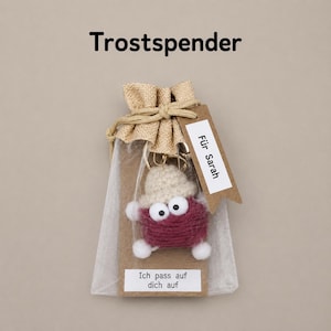Könnte beinhalten: Ein kleines Geschenkbeutelchen mit einer garnumwickelten Figur mit großen Wackelaugen, einem beigen Hut sowie weißen Pompon-Händen und -Füßen. Der Beutel trägt den Text Trostspender, Für Sarah und Ich pass auf dich auf.