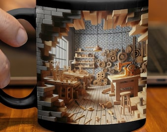 Retro träbearbetningsmugg med 3D-design, unik hantverksmugg med kaffe, perfekt present till fars dag, snickare, snickare och sågspånälskare