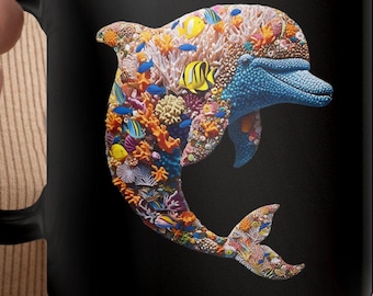 Bunter Delphin-Unterwasserszene, 11 Unzen weißer oder schwarzer Becher, lebhaftes Ozean-Lebens-Design, einzigartige Kaffeetasse, Delphin-Liebhaber-Geschenk, künstlerische Becher