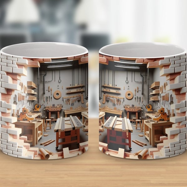 Retro 3D Woodworking Pattern Mug, Stylish Coffee Cup for Morning Brews, Great Father's Day or Birthday Gift for Woodworkers, Carpenters