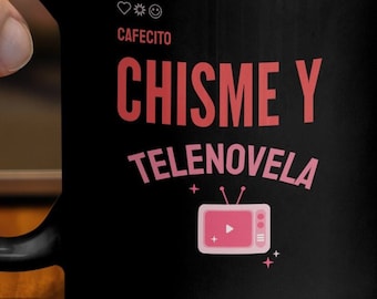 Cafecito Chisme y Telenovela Mug Latin Culture Coffee Cup, Pink TV Icon Graphic Mug Gift for Friends Mothers Day Birthday, Grandma or Abuela