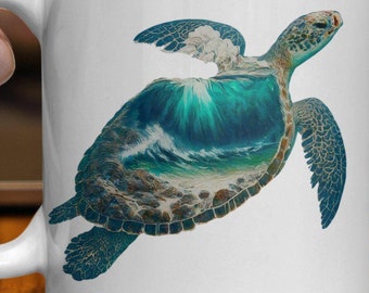May include: White ceramic mug with a graphic of a sea turtle with a wave crashing inside its shell. The turtle is facing right and has a blue, green, and white color scheme.