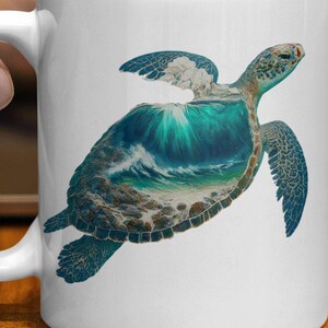 Sea Turtle Ocean Wave Design, 11oz White or Black Mug, Unique Sea Turtle Art, Marine Life Mug, Coastal Decor, Underwater World Inspired Mug