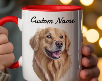 Op de afbeelding: Witte keramische mok met een rode rand, met een illustratie van een golden retriever hond en de tekst "Custom Name".