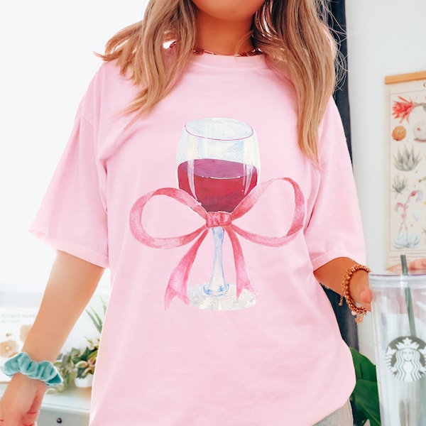 Wine Bow Coquette Shirt, Unisex Wine Lover T Shirt, Coquette Clothes, Cute Pink Bow Shirt For Her, Wine Gifts, Watercolor Wine Shirt Tee