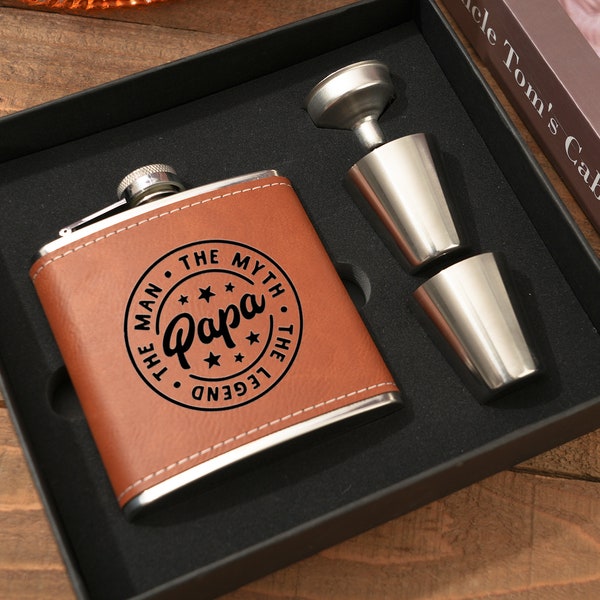 Personalized Flask for Men, Engraved Flask, Custom Flask for Dad, Leather Hip Flask, Monogram Flask, Flask for Papa, Father Day Gifts