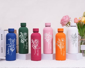 Engraved Bottle, Birth Flower Water Bottle, Personalised Water Bottle,  Birth Month Insulated Tumbler, Perfect for School, Travel,Office,Gym