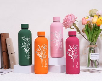Engraved Bottle, Birth Flower Water Bottle, Personalised Water Bottle,  Birth Month Insulated Tumbler, Perfect for School, Travel,Office,Gym