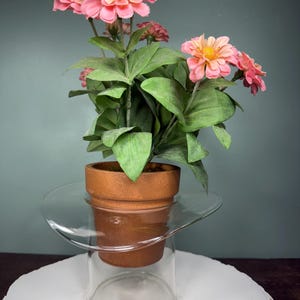 May include: A terracotta flower pot containing pink zinnia flowers with green leaves, nested inside a clear glass cylinder vase that features a wide, flat, transparent glass brim extending outward from the top edge of the glass base.