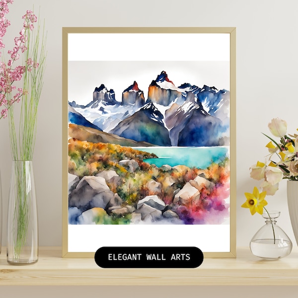Torres del Paine Chile watercolor wall art, nature, Chilean turism gift, printable digital, card manufacturing, instant download, Patagonia