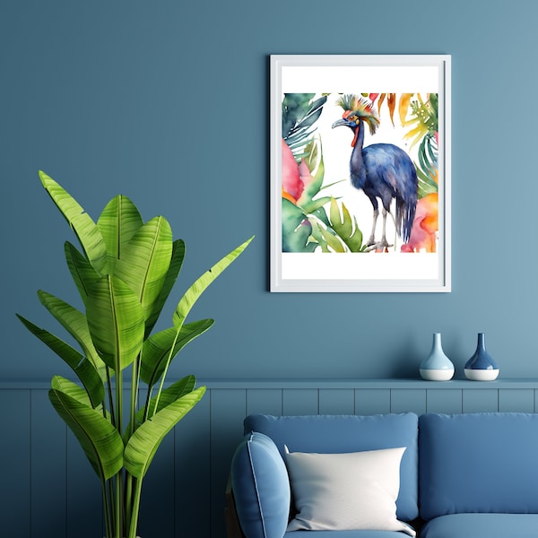 Australian Cassowary watercolor wall art, minimalist art,multicolor,exotic animal gift, printable digital art,vintage style,instant download