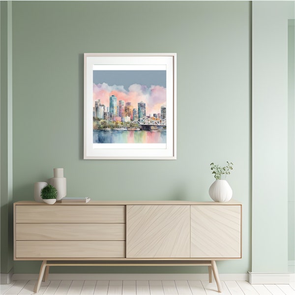 Brisbane Australia landscape watercolor wall art, digital print, vintage tourism decoration, custom card manufacturing, Australia lover gift