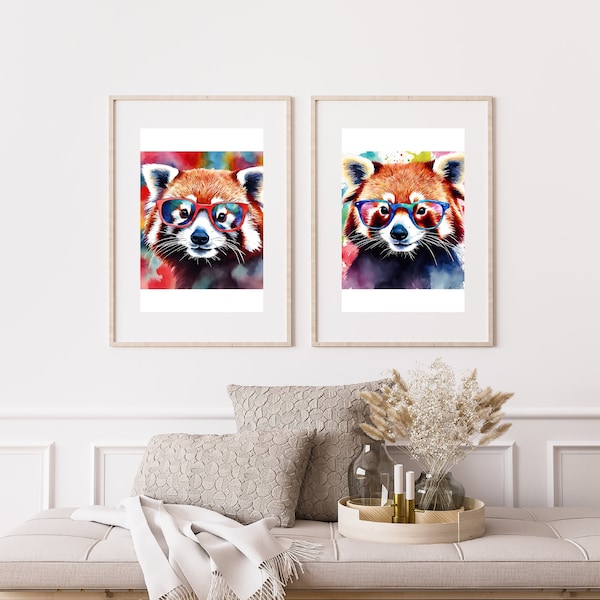 Groovy red pandas wall art, retro painting, printable digital,twins invitation card, animal decoration for kids,newborn and baby shower gift