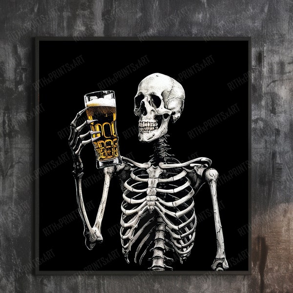 Skeleton drinking beer, Skeleton art print, Halloween printable, Halloween funny, Halloween wall art, Funny art, Halloween skeleton print.