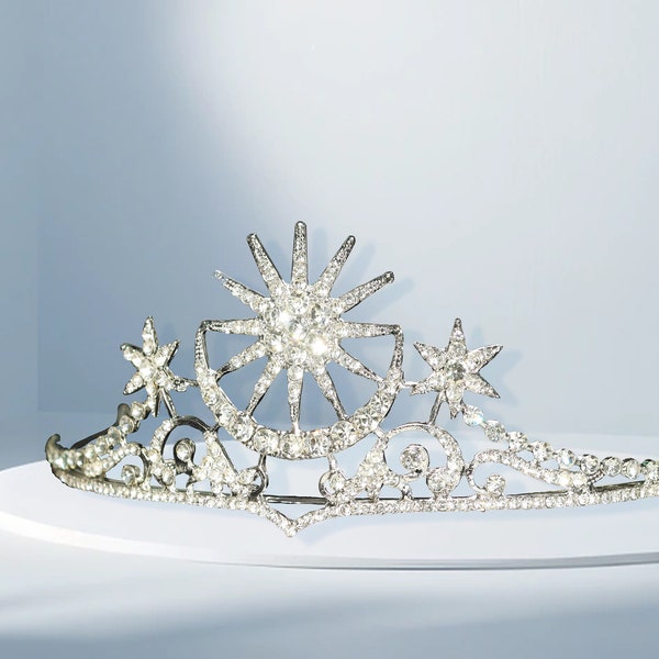 Star Crown,Acotar Crown,Feyre Crown,Celestial Crown,Moon Halo Crown,Art Deco Moon and Stars Tiara,Velaris Crown,Rhinestone Tiaras