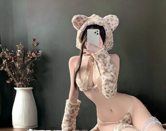 Plush Leopard Cosplay Costume Lingerie - Roleplay Cute Cat Girl Set