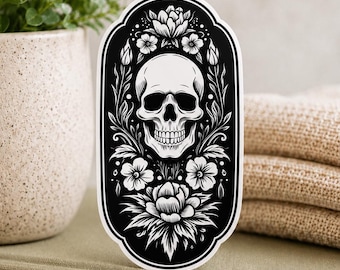 Black and white Skull WATERPROOF sticker with floral design