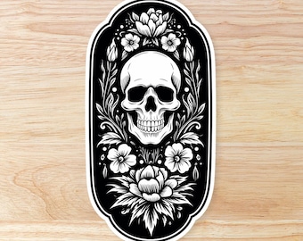Waterdichte zwart-witte schedelsticker met bloemdessin