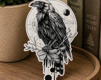 Raven tattoo style Sticker: Waterproof Vinyl Sticker