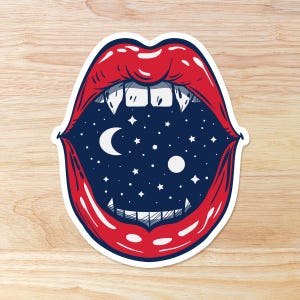 May include: A red, open mouth with sharp teeth, revealing a dark blue background with white stars, a crescent moon, and a white circle.