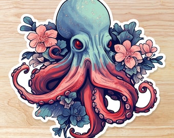 Floral Octopus Sticker: Tattoo-Style Waterproof Vinyl Sticker