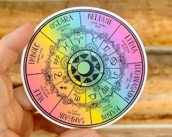 May include: A round sticker with a rainbow gradient background. The sticker features a wheel design with astrological symbols, seasonal names, and dates. The central design is a black starburst, surrounded by text and floral accents.